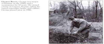 Black and white photo of George Bolte outside farming with black text on the other side